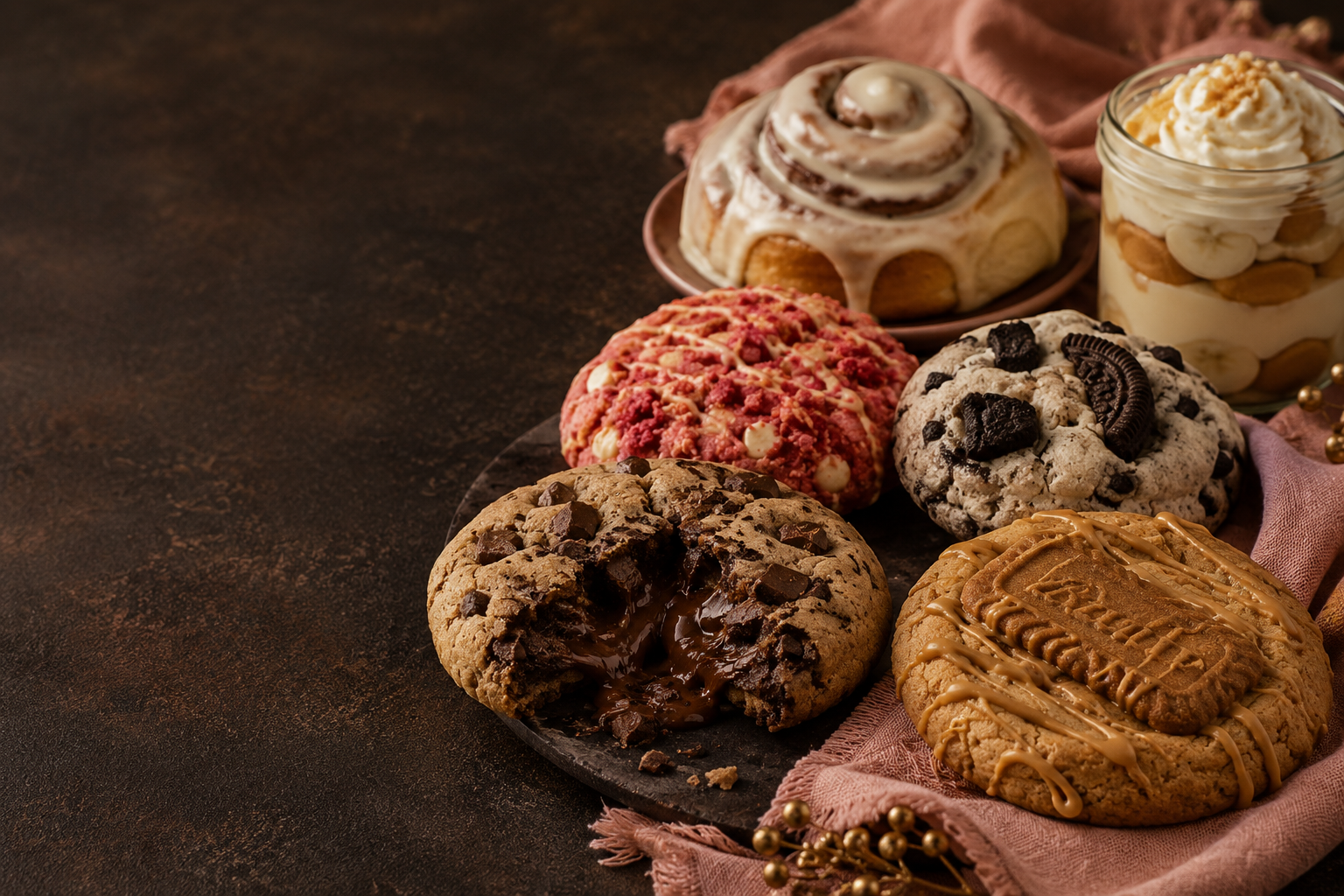 A spread of thick gourmet cookies, cinnamon roll, and banana pudding